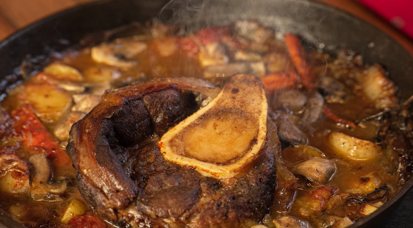 Slow Roasted Beef Shank with Tomatoes, Potatoes & Mushrooms